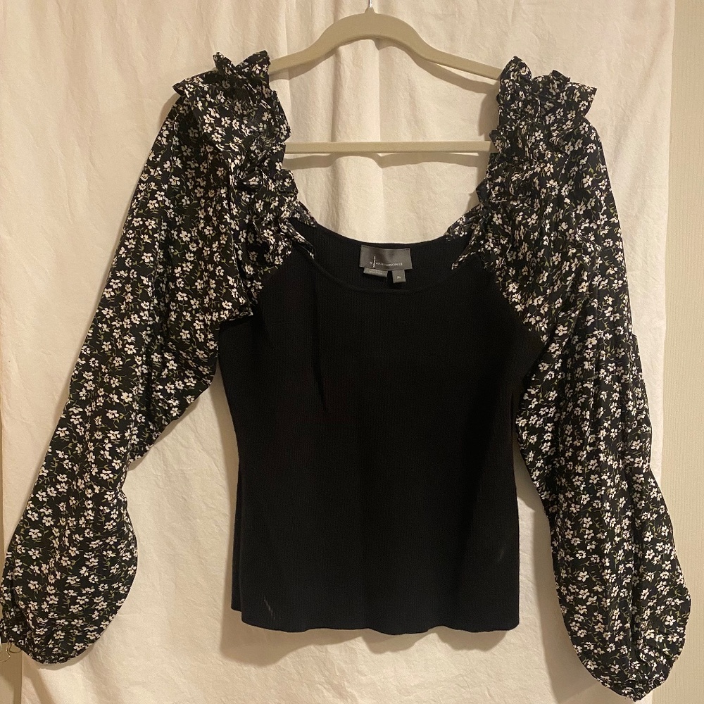 By Anthropologie Woven Floral Ruffle-Sleeve Sweater